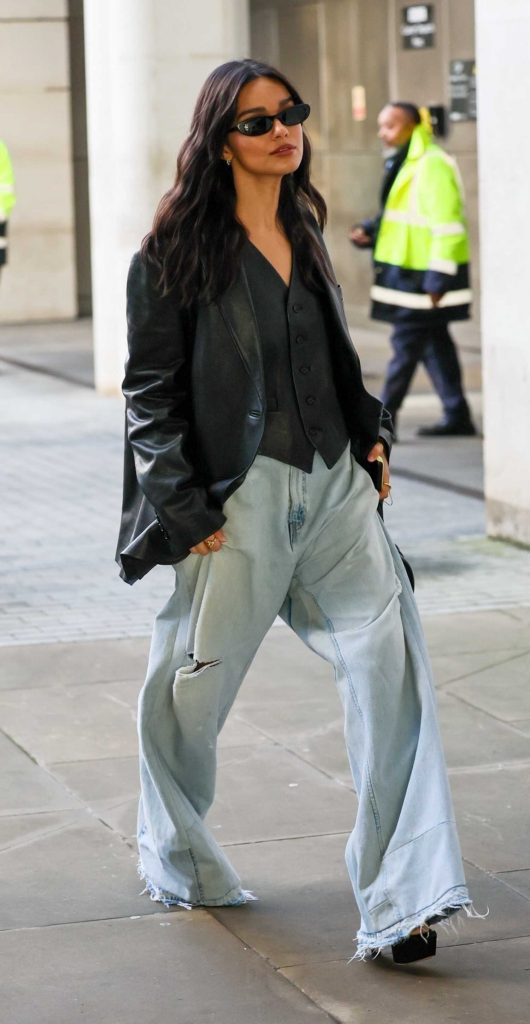 Rachel Zegler in a Black Leather Blazer