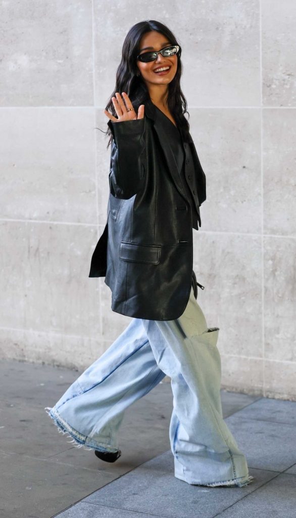 Rachel Zegler in a Black Leather Blazer