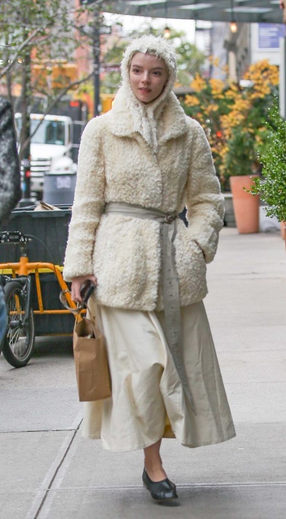 Anya Taylor-Joy in a White Fur Coat