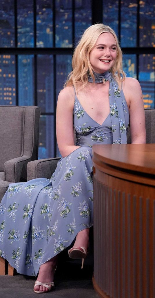 Elle Fanning in a Grey Floral Dress