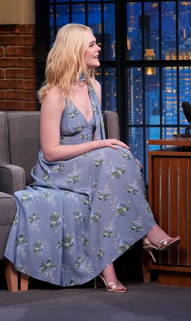 Elle Fanning in a Grey Floral Dress