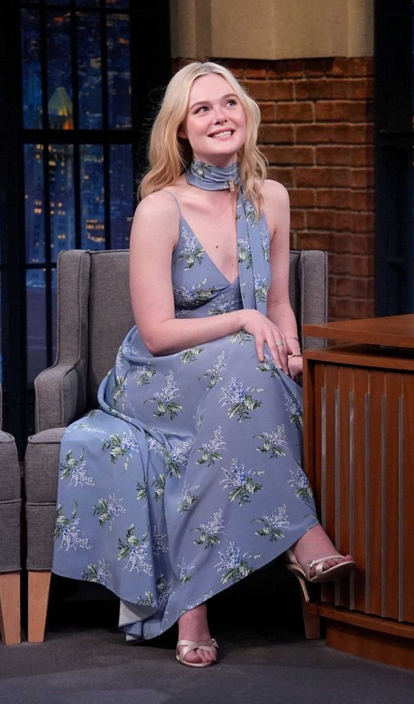 Elle Fanning in a Grey Floral Dress