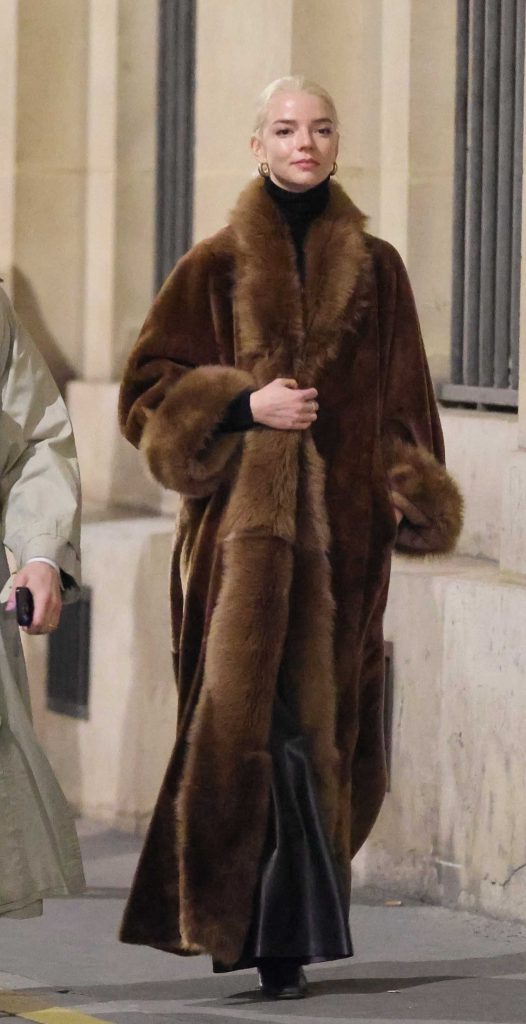 Anya Taylor-Joy in a Brown Fur Coat