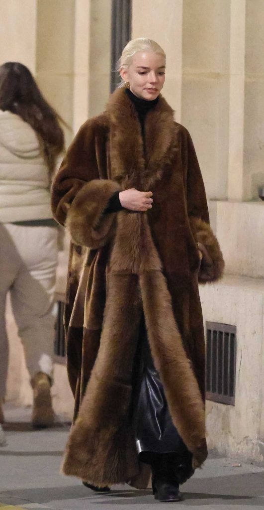 Anya Taylor-Joy in a Brown Fur Coat