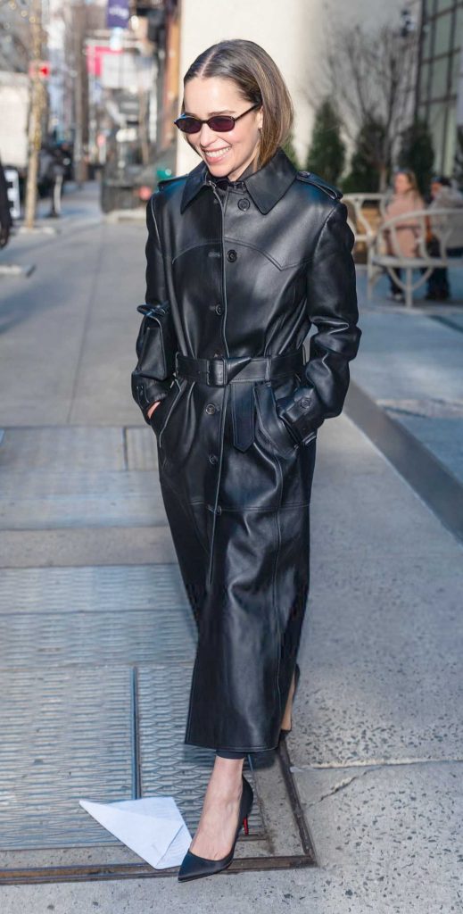 Emilia Clarke in a Black Leather Coat