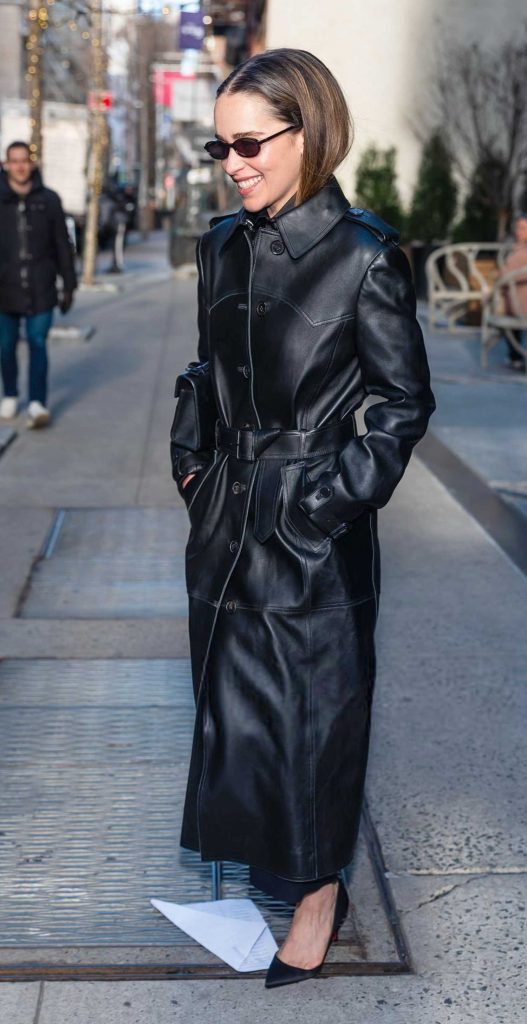 Emilia Clarke in a Black Leather Coat