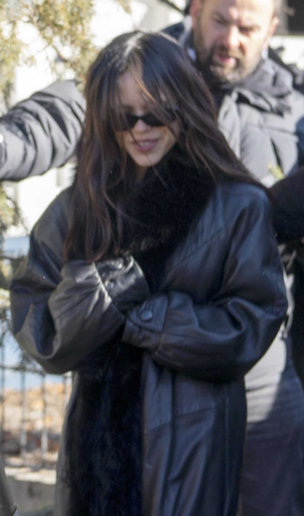 Jenna Ortega in a Black Leather Coat