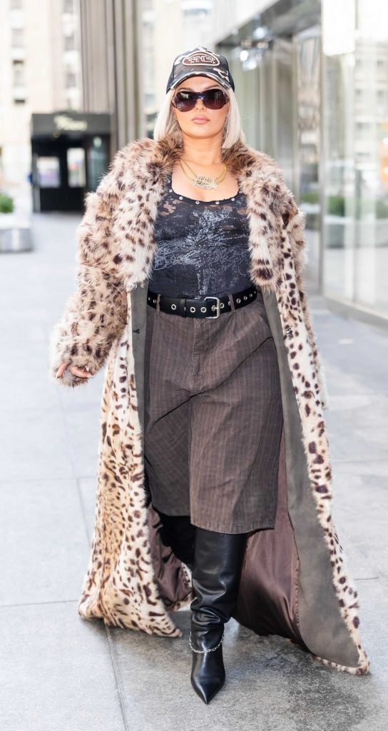 Bebe Rexha in an Animal Print Fur Coat