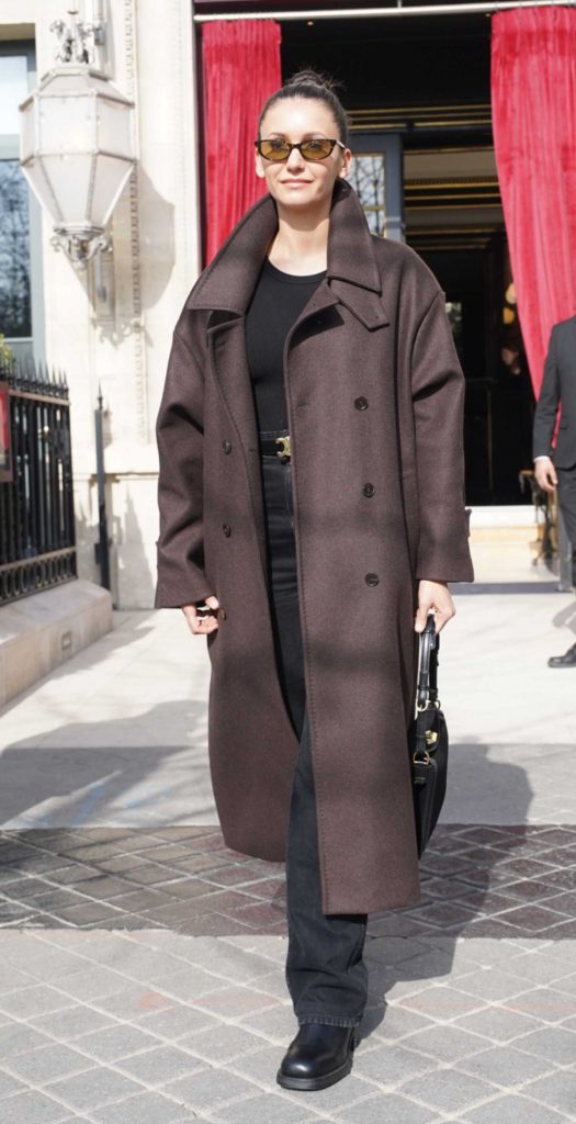Nina Dobrev in a Brown Coat