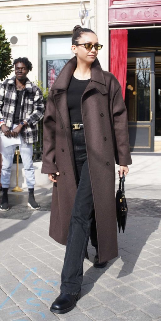 Nina Dobrev in a Brown Coat