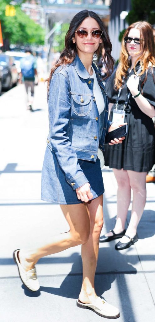 Nina Dobrev in a Blue Denim Ensemble