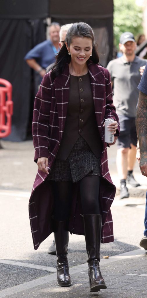 Selena Gomez in a Purple Plaid Coat
