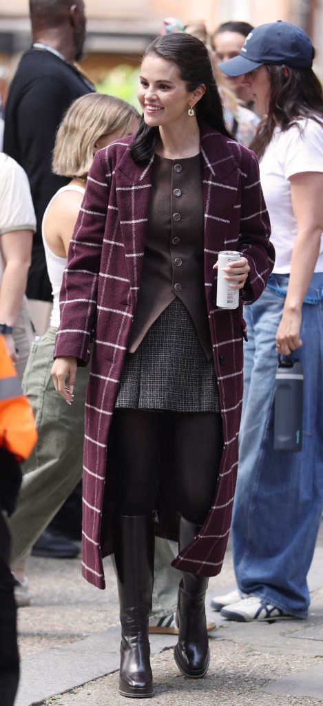 Selena Gomez in a Purple Plaid Coat