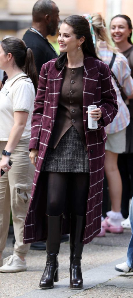 Selena Gomez in a Purple Plaid Coat