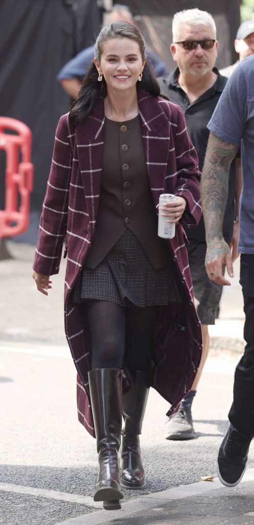 Selena Gomez in a Purple Plaid Coat
