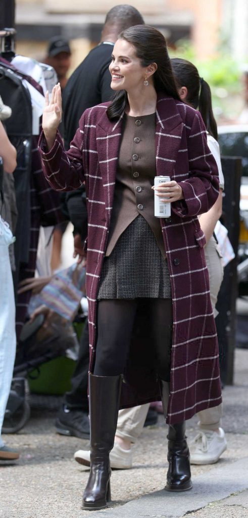 Selena Gomez in a Purple Plaid Coat