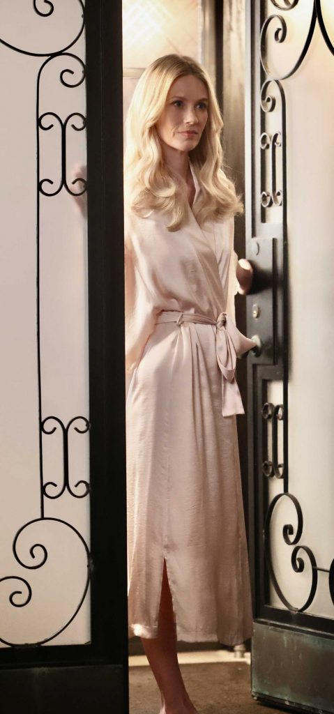 January Jones in a Beige Bathrobe