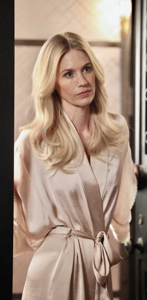 January Jones in a Beige Bathrobe