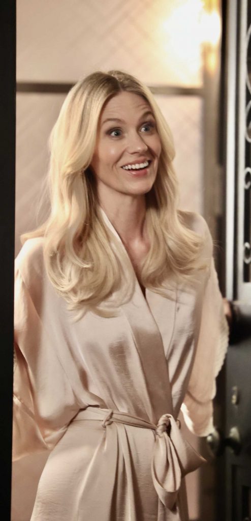 January Jones in a Beige Bathrobe