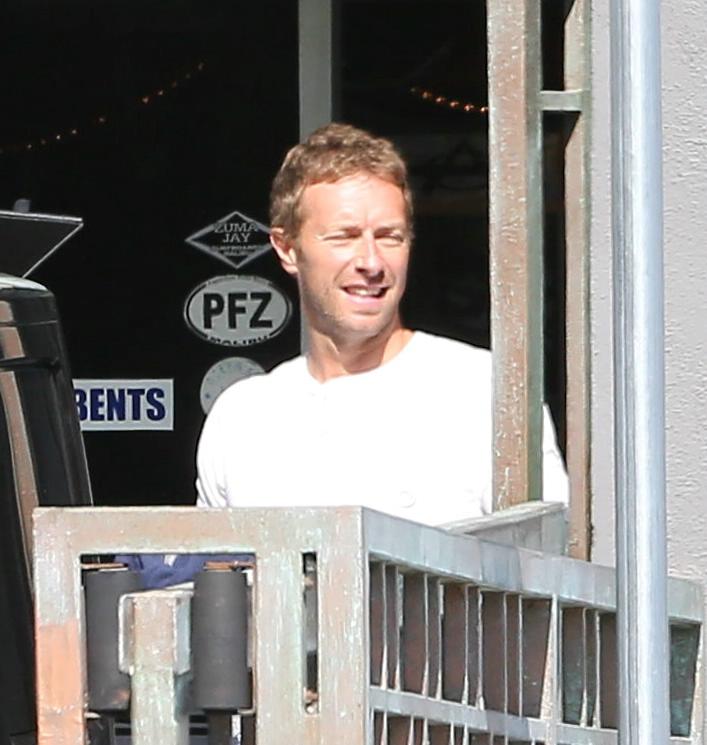Chris Martin Leaving Surfboard Shop in Santa Monica