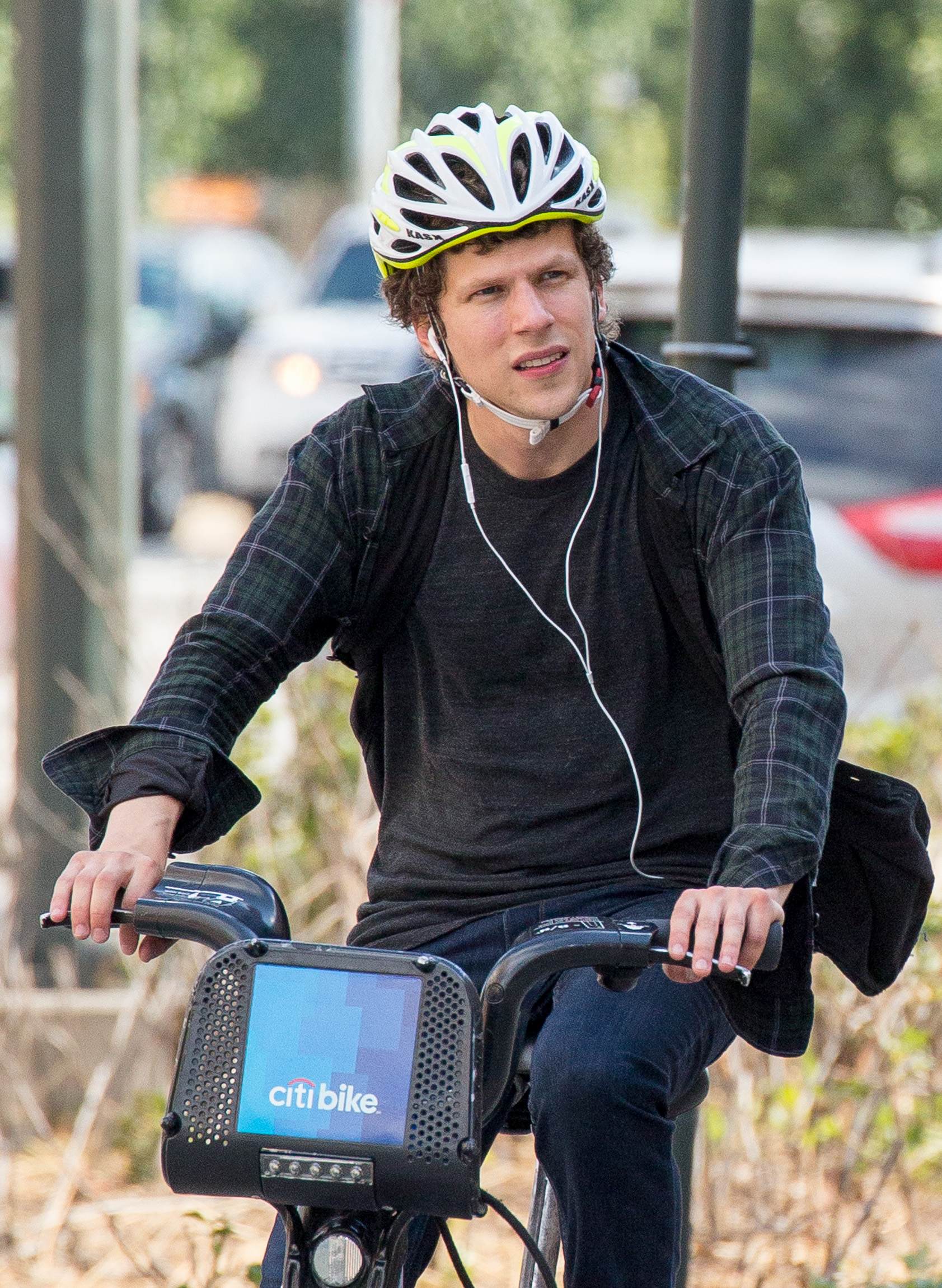 Jesse Eisenberg riding Citi Bike on Hudson River Park